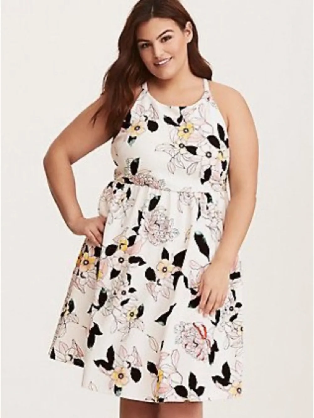 Torrid White Floral Halter Midi Dress with Black Leaf Accents - Picture 3 of 6